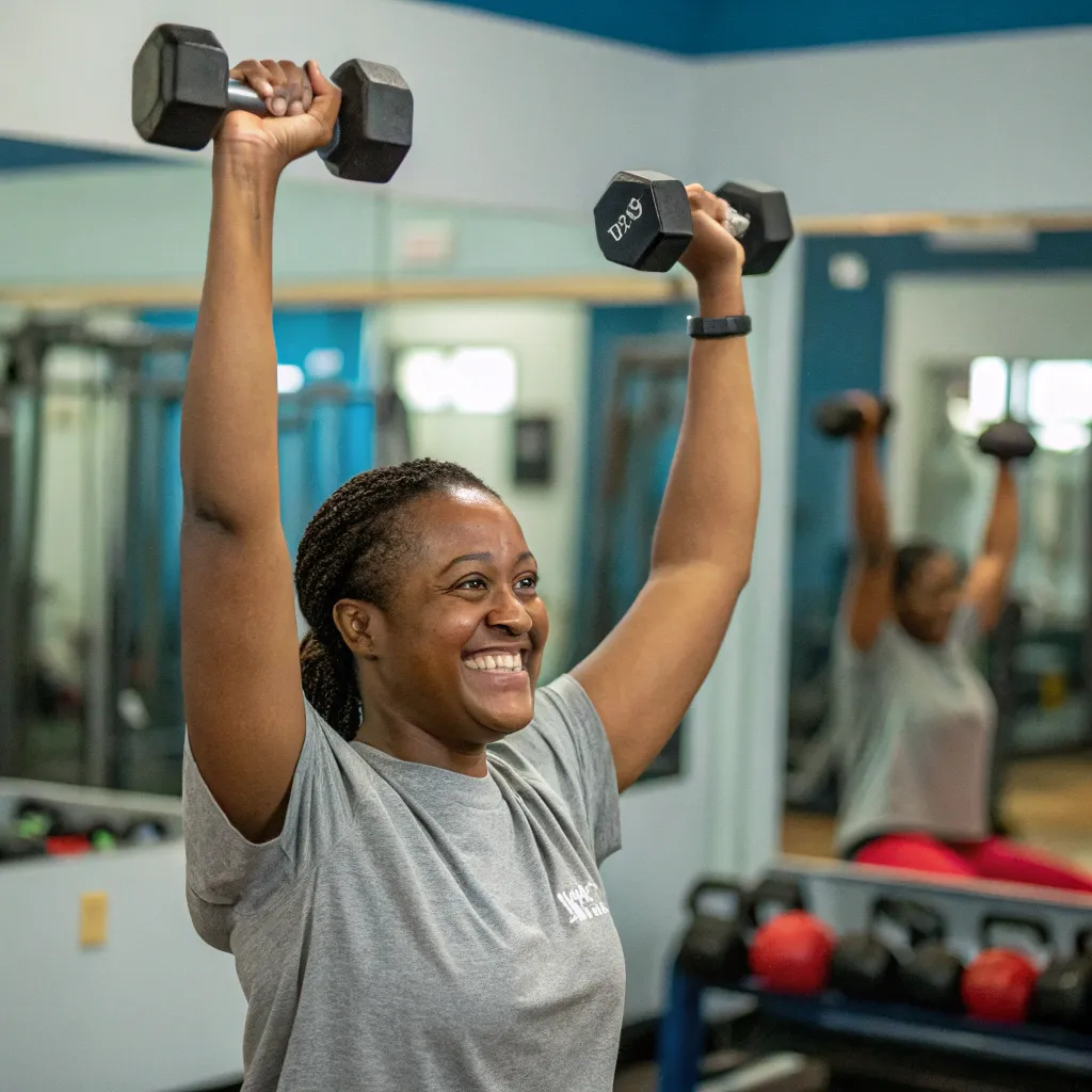 Member lifting weights with a smile